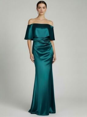 Vince Camuto Teal Off the Shoulder Taffeta Mermaid Train Formal Evening Dress 6